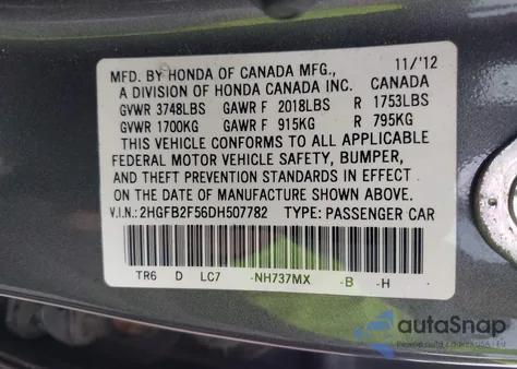 2013 Honda Civic Sdn Lx из США, поврежденный, VIN 2HGFB2F56DH507782